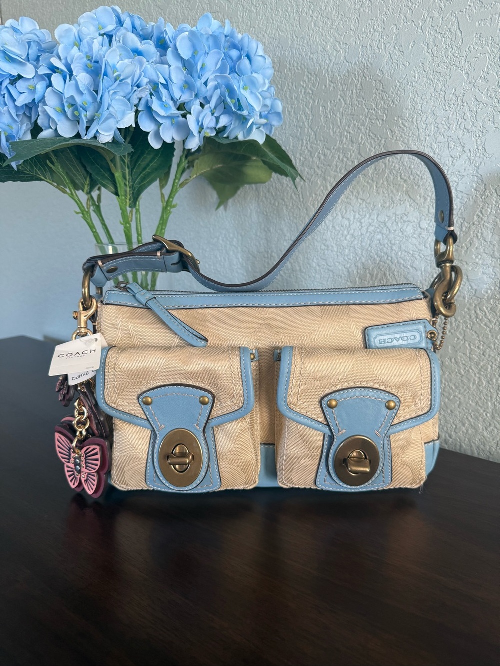 Coach Legacy 65th Anniversary Beige and Blue Shoulder Bag with Turn Lock Pockets